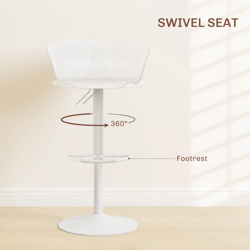 HOMCOM Polypropylene Bar Stools Set of 2, Swivel Barstools with Adjustable Height, Footrest and Backrest, White
