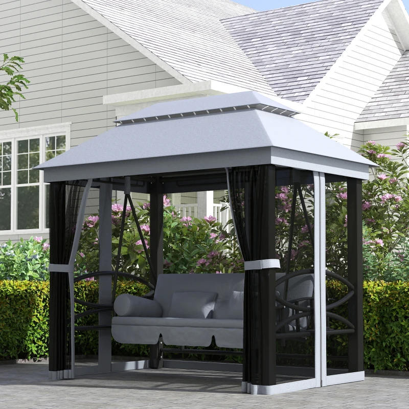 Outsunny 3-Seat Patio Swing Chair, Outdoor Gazebo Swing with Double Tier Canopy, Mesh Sidewalls, Cushioned Seat and Pillows, Gray