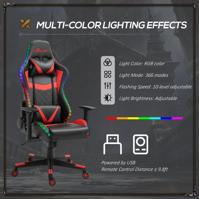 Vinsetto Racing Gaming Chair with RGB LED Lights, Adjustable Height, Gamer Office Chair, Computer Desk Chair, Black/Red