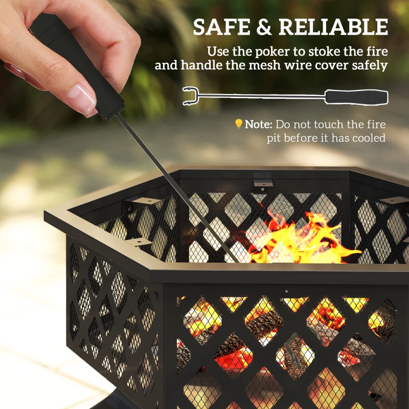Outsunny 28" Outdoor Fire Pit with Grill Hexagon Fireplace Wood Burning Firepit with Cooking Grate, Fire Poker, Spark Screen Lid