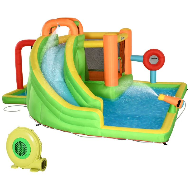 Outsunny 7-in-1 Inflatable Water Slide, Kids Castle Bounce House Includes Slide, trampoline, Pool, Water Cannon, Ball-target, Boxing Post, Tunnel with Carry Bag, Repair Patches, 750W Air Blower
