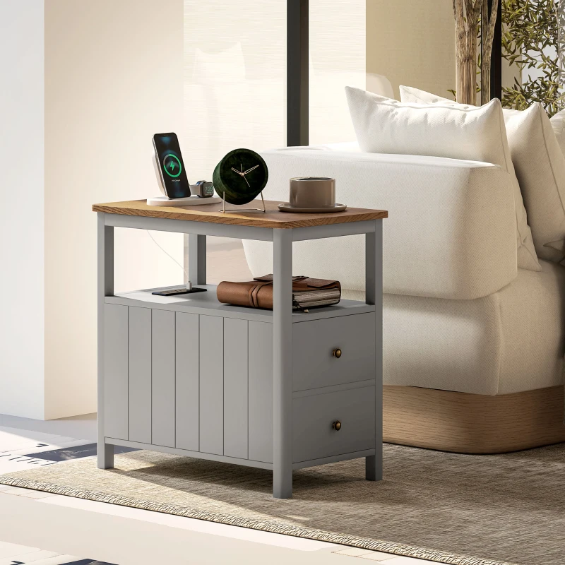 HOMCOM Side Table with Charging Station and USB Ports, Narrow End Table with Drawers, Shelf for Living Room, Gray