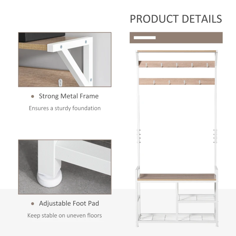 HOMCOM 3-in-1Hall Tree Entryway Coat Rack Shoe Bench with 9 Hanging Hooks, 3-Tier Storage Shelves, Multifunctional Hallway Organizer Natural/White