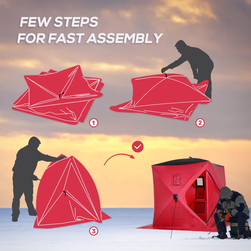 Outsunny 2 Person Ice Fishing Shelter, Pop-Up Portable Ice Fishing Tent with Carry Bag, Windows and Anchors for Low-Temp -22℉, Red