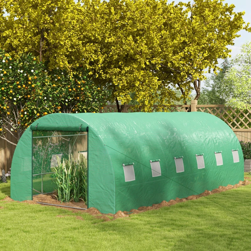 Outsunny 20' x 10' Walk-in Greenhouse with Sprinkler System, Tunnel Green House with Wide Roll-up Door, 12 Mesh Windows, Green