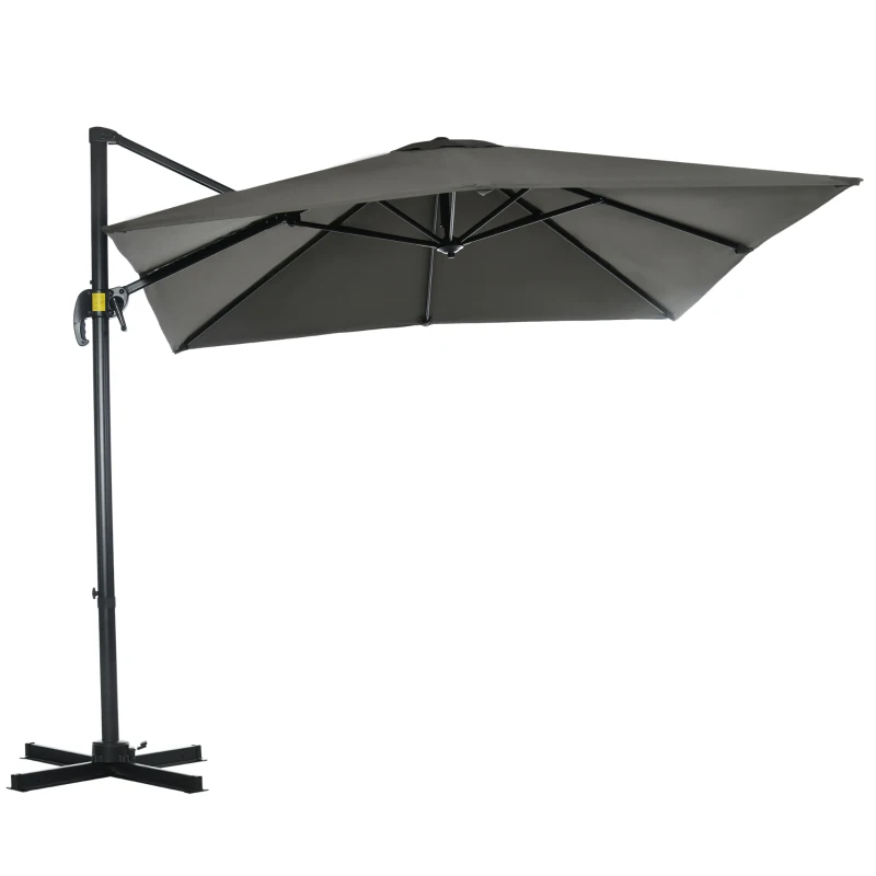 Outsunny 8' x 8' Square Patio Hanging Offset Umbrella with 360° Rotation, Aluminum Outdoor Cantilever Parasol with Crank & Tilt, Sun Canopy Shelter with Cross Base, Grey