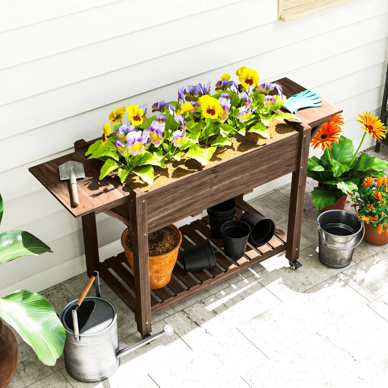 Outsunny Wood Raised Planter Box, Elevated Garden Bed with Lockable Wheels, Side Tables, Bottom Shelf, Drain Holes, Carbonized
