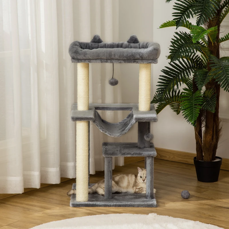 PawHut 39.25'' Cat Tree Tower Multi-Level Kitten House with Scratching Post Condo Hammock Bed Ball Toy - Grey