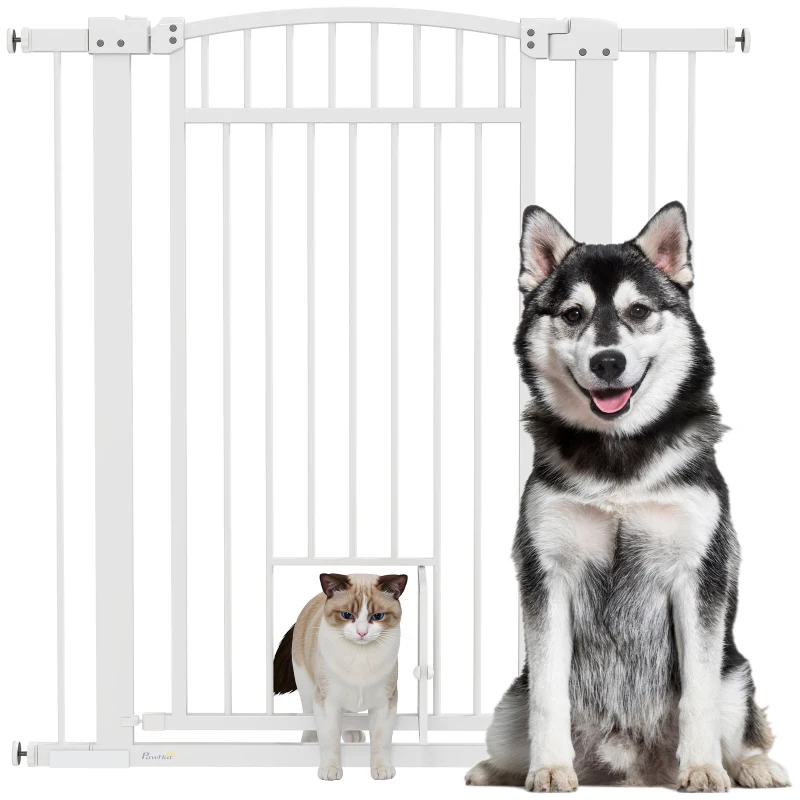 PawHut 30"-41" Extra Wide Walk Through Dog Gate w/ Cat Door, 3-Inch & 5.5-Inch Extension Kits, 42" High