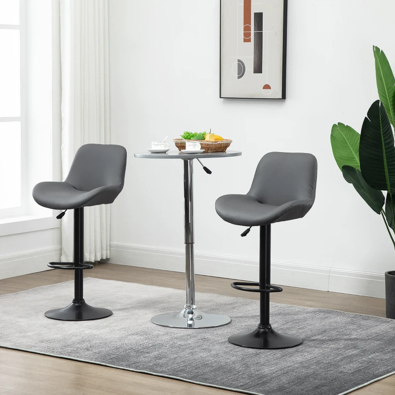 HOMCOM PU Leather Bar Stools Set of 2, Adjustable Height Swivel Bar Chairs with Footrest for Home Pub Area, Grey