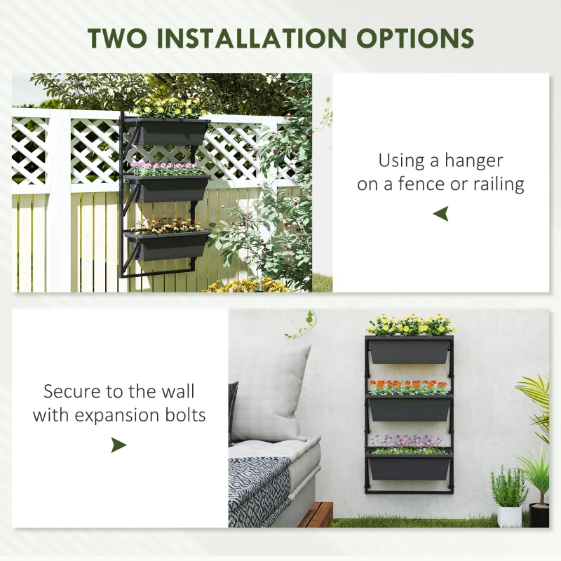 Outsunny 3-Tier Wall-Mounted Planter Box with 3 Pots, Vertical Planters for Outdoor Plants, Dark Grey