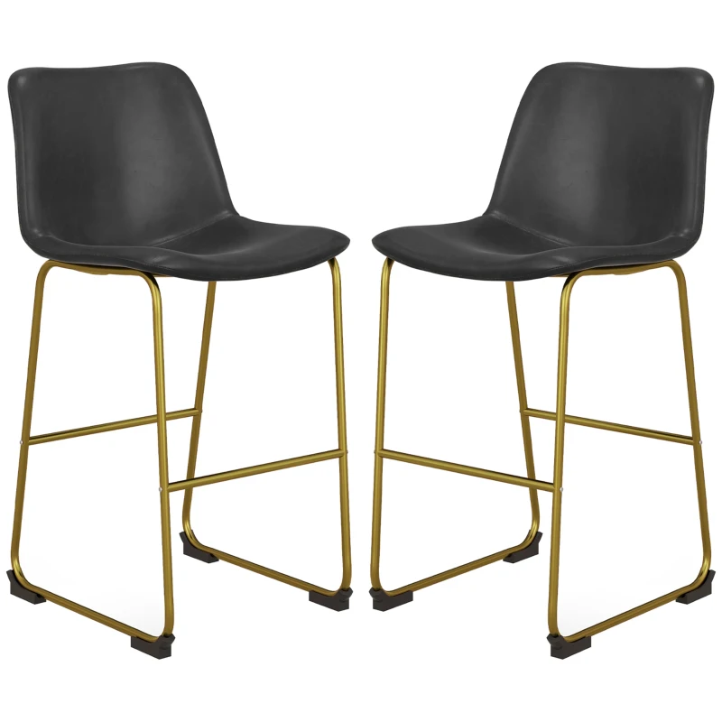 HOMCOM Bar Height Stools Set of 2, PU Leather Upholstered Stools for Kitchen Island, Modern Bar Chairs, Dark Grey