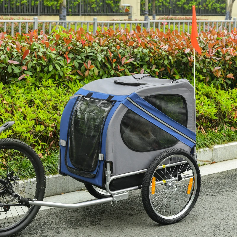 PawHut Dog Bike Trailer Pet Cart Bicycle Wagon Cargo Carrier Attachment Foldable for Travel, Blue and Grey