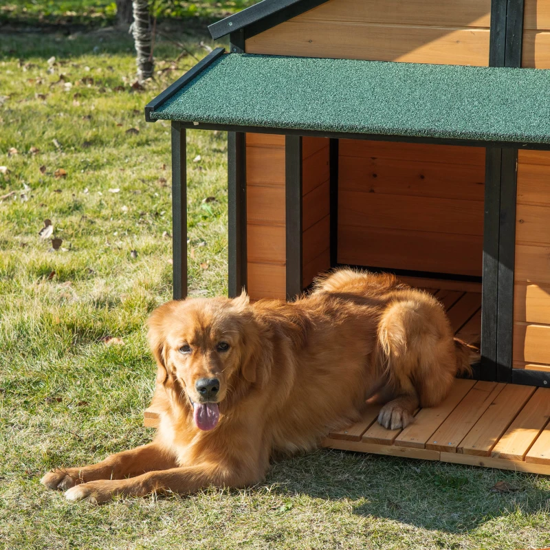 PawHut Outdoor Dog House Cabin Style, Wooden Raised Pet Kennel with Asphalt Roof, Front Door, Side Window, Porch for Medium and Large Dogs, Gray