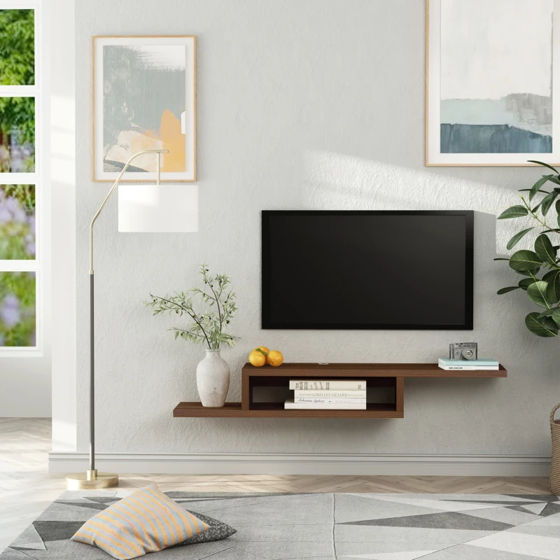 HOMCOM Wall Mounted Media Console, Floating Stand Component Shelf, Entertainment Center Unit, Walnut