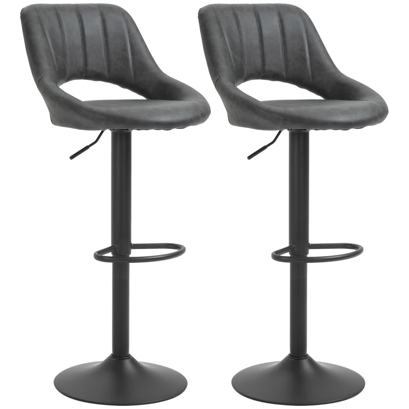 HOMCOM  Set of 2 Adjustable Bar Stools with PU Upholstered Back, Footrest, Round Base for Kitchen, Dining Room, Grey