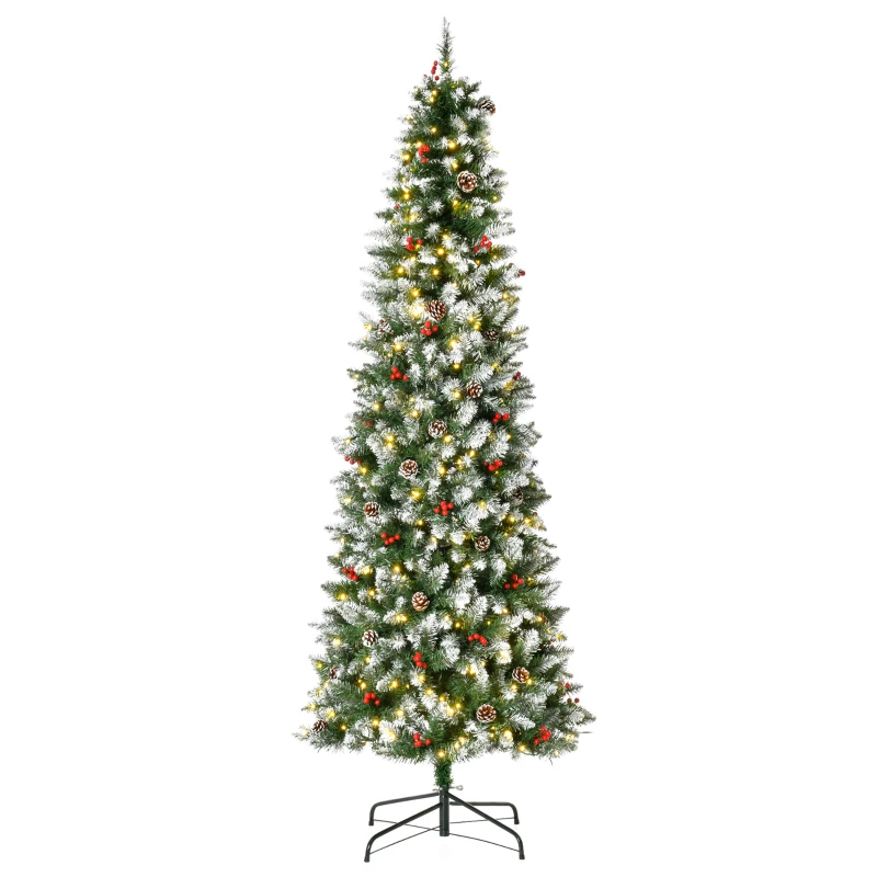 HOMCOM 7.5 ft Snow-Dipped Pencil Christmas Tree Pre-Lit Holiday Decoration with LED Lights Pine Cones Red Berries Green