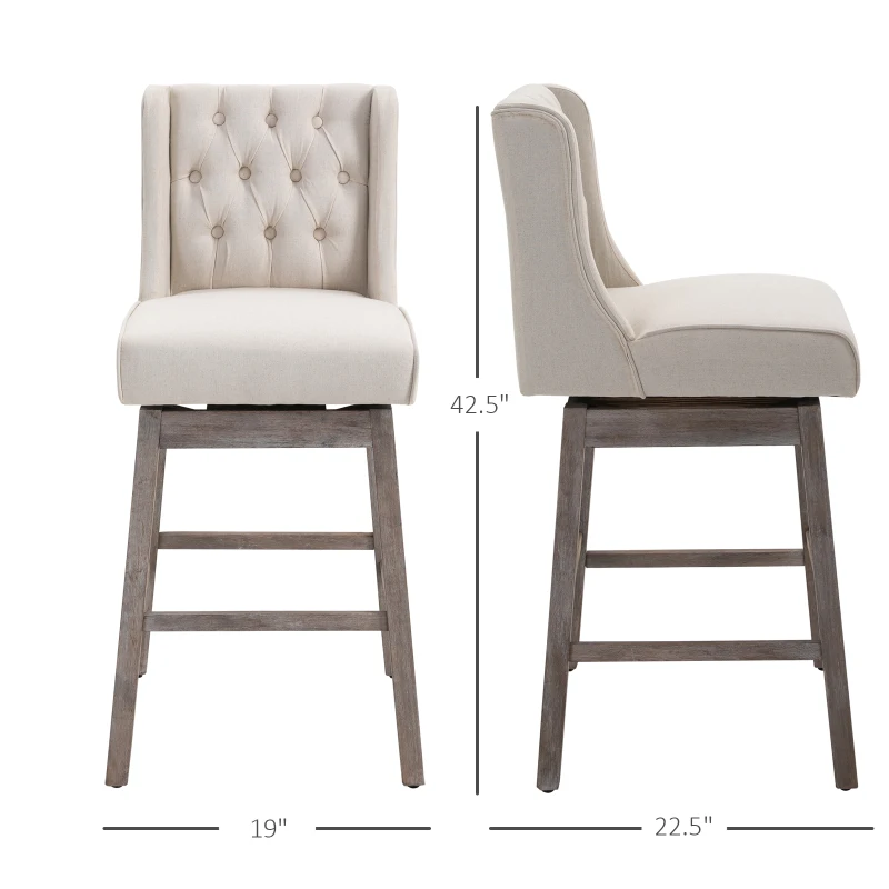 HOMCOM Bar Height Bar Stools Set of 2, 180 Degree Swivel Barstools with Solid Wood Footrests and Button Tufted Design, 30" Seat Height Bar Chairs for Kitchen Island, Beige