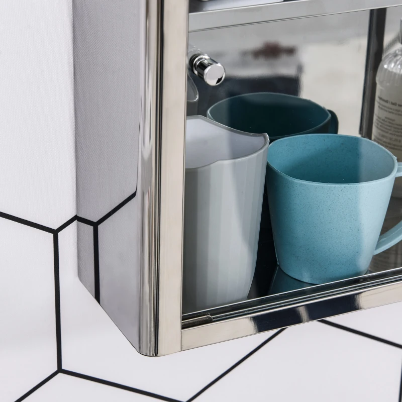 kleankin 24'' x 15'' Wall Mounted Bathroom Medicine Cabinet Sliding Door with Storage Shelves, Stainless Steel, Silver