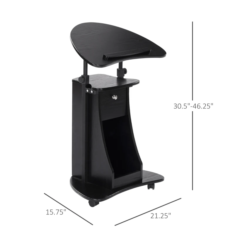 HOMCOM Mobile Laptop Cart, Sit-to-Stand Computer Desk with Drawer, Height Adjustable Rolling Podium Desk Stand with Swivel Top & Storage, Black