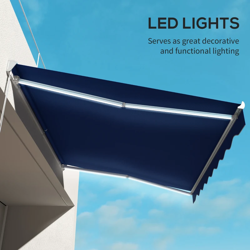 Outsunny 13' x 10' Electric Awning, Retractable Awning with LED Lights and Remote Controller for Door and Window, Blue