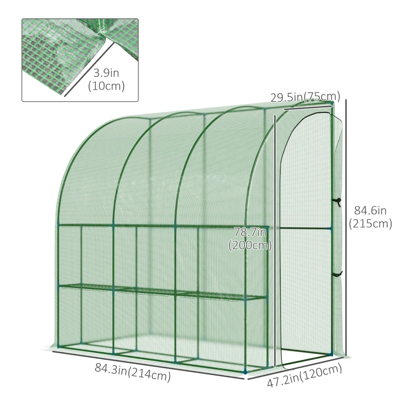 Outsunny 7' x 4' x 7' Outdoor Lean-to Walk-in Garden Greenhouse with Roll-Up Door Hot House for Plants Herbs Vegetables, Green