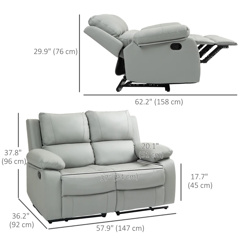 HOMCOM PU Leather Manual Recliner Sofa, Double Reclining Loveseat with Pullback Control Footrest for Living Room, Light Grey