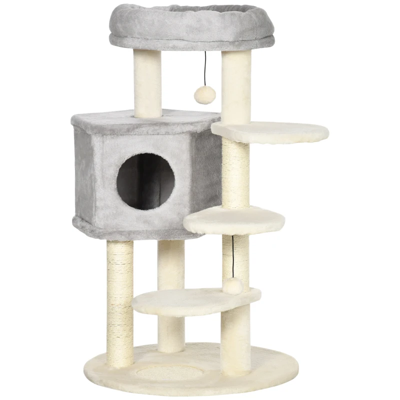 PawHut 37" Cat Tree for Indoor Cats, Cat Tower, Kitty Activity Center with Cat Bed Condo Hanging Ball Toys Sisal Rope Scratching Post, Light Grey