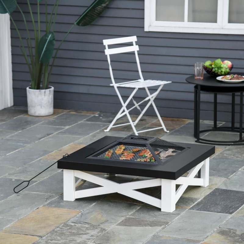 Outsunny 34" Outdoor 3 in 1 Steel Square Firepit Portable Stove with Spark Screen Cover, Log Grate, Poker, Grill Net for Patio, White & Black