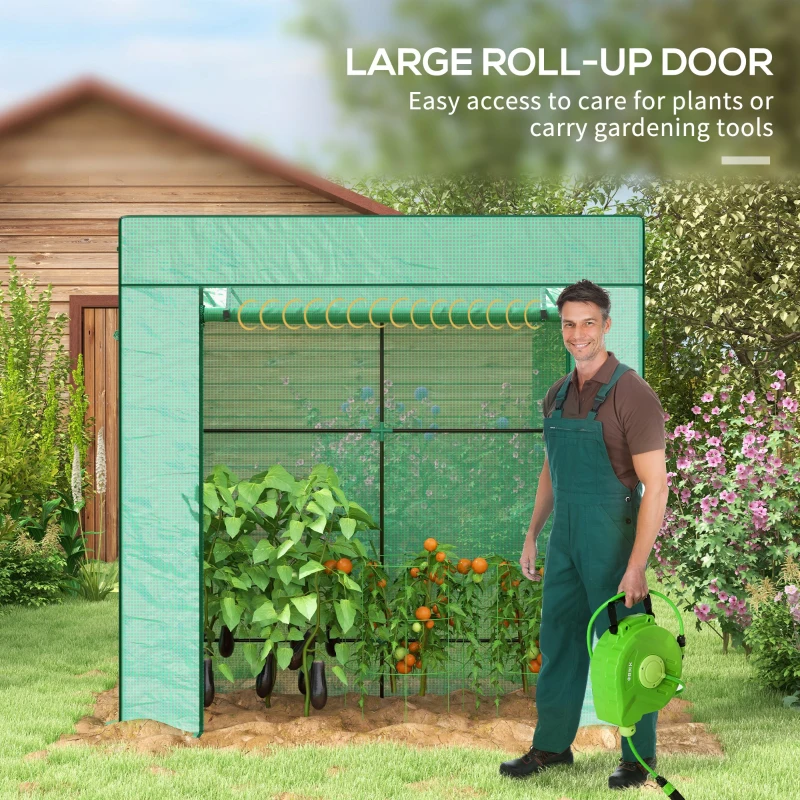 Outsunny Walk-in Tomato Greenhouse Lean-to Green House with Reinforced PE Cover, Roll-up Door, Mesh Windows, Green
