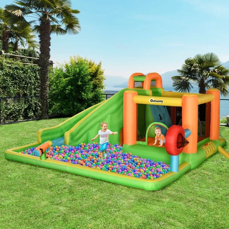Outsunny 7-in-1 Inflatable Water Slide, Kids Castle Bounce House Includes Slide, trampoline, Pool, Water Cannon, Ball-target, Boxing Post, Tunnel with Carry Bag, Repair Patches, 750W Air Blower