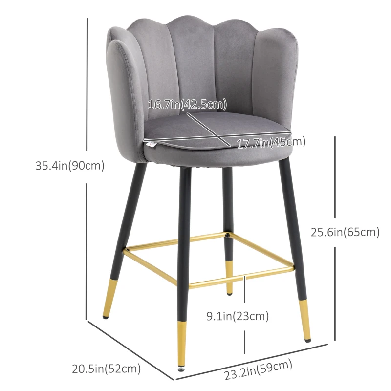 HOMCOM Bar Stools Set of 2 Modern Counter Height Bar Stools with Back, Footrest for Home Kitchen, 23.2"x20.5"x35.4", Grey