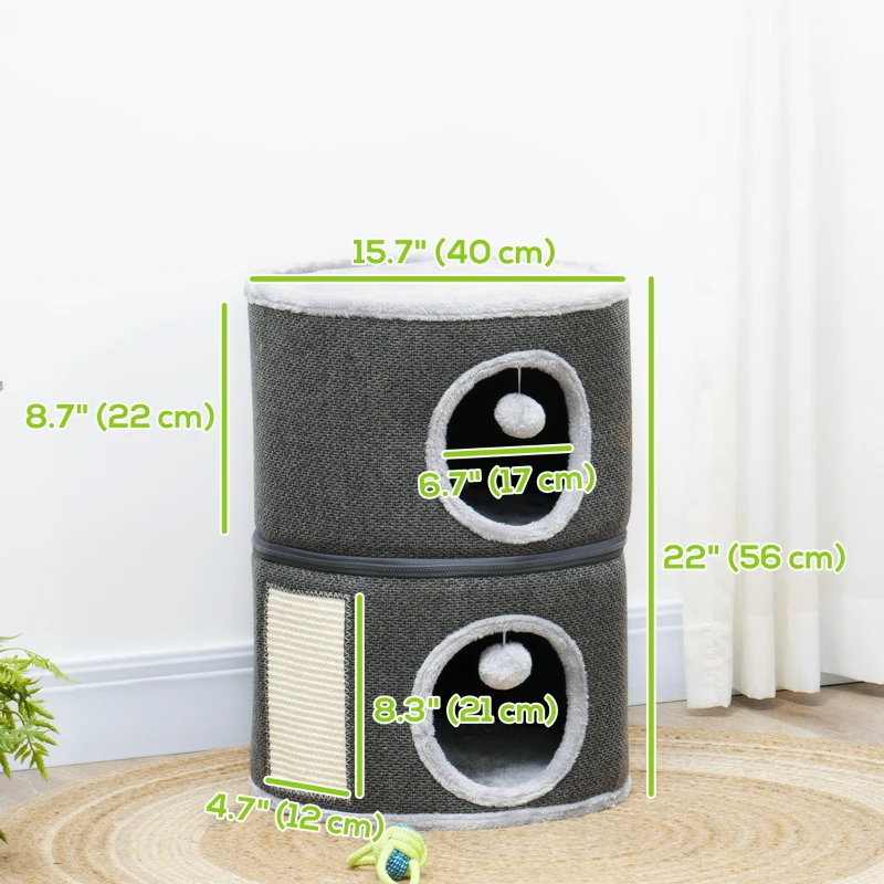 PawHut 2-Story Cat Condo Barrel Tree with Top Perch, 2 Hideaways, Scratching Board, Removable Cushions, Toy Balls, Dark Grey