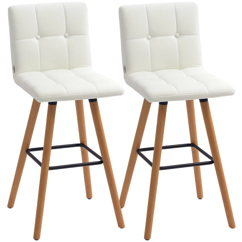 HOMCOM Modern Bar Stools Set of 2, 38" Upholstered Kitchen Island Stool with Solid Wood Legs, White