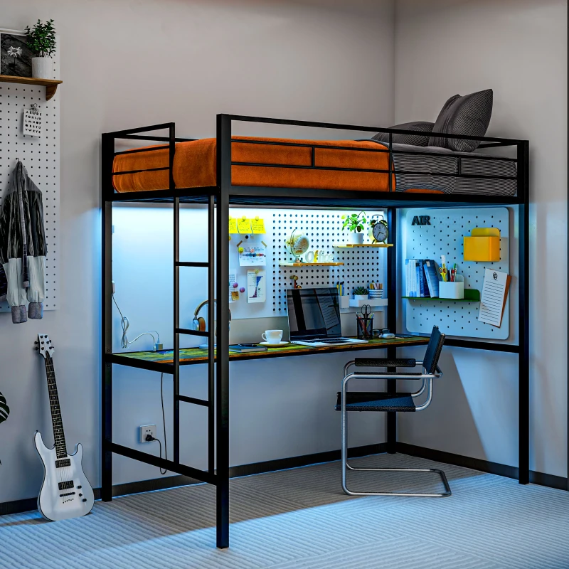 HOMCOM Twin Size Loft Bed with Desk, LED Lights, Charging Station, Twin Metal Loft Bed Frame with Ladder, Black
