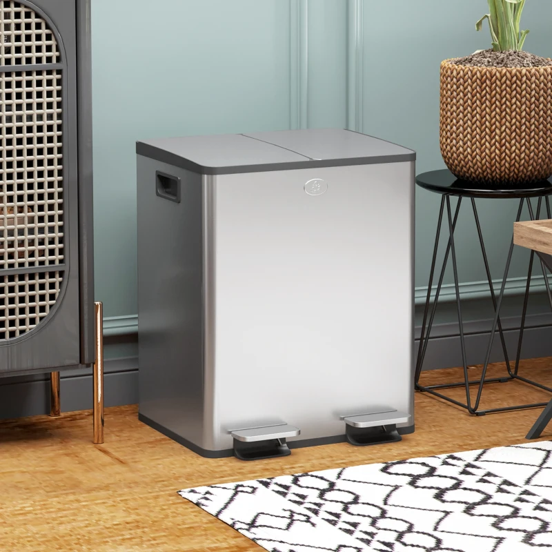HOMCOM Dual Garbage Bin, Soft-Close Trash Can with Foot Pedal, 2 x 20 Liter Garbage Can with Removable Inner Buckets, Silver