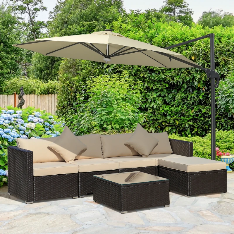 Outsunny 6 Piece Patio Furniture Set Outdoor Wicker Conversation Set All Weather PE Rattan Sectional Sofa Set with Ottoman, Cushions and Tempered Glass Table, Coffee and Beige