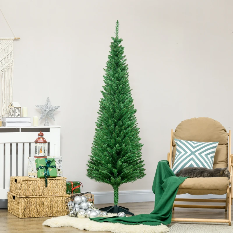 HOMCOM 6FT Decorated Christmas Tree, Pencil Christmas Tree with 390 Realistic Branch Tips and Plastic Stand, Light Green
