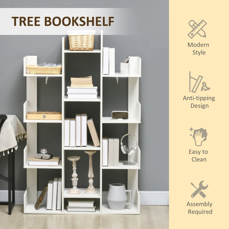 HOMCOM Tree Bookshelf, Modern Freestanding Bookcase with 13 Open Shelves, Display Unit for Living Room, Study or Office, White