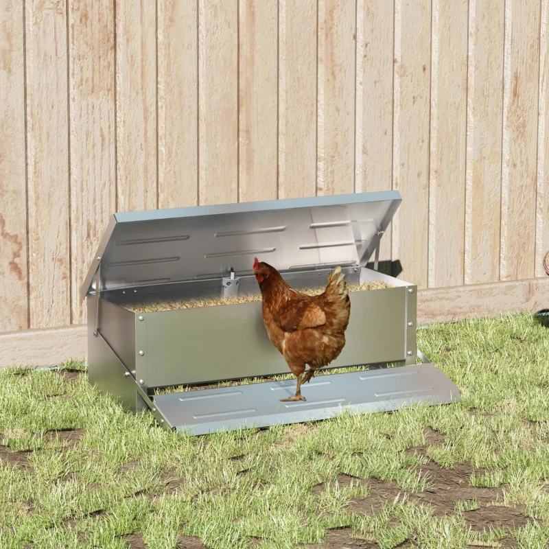 PawHut Automatic Chicken Feeder, 22.5 lbs Capacity Poultry Feeder with Self Opening Treadle, Weather Resistant Lid, for 6 Chickens, Silver