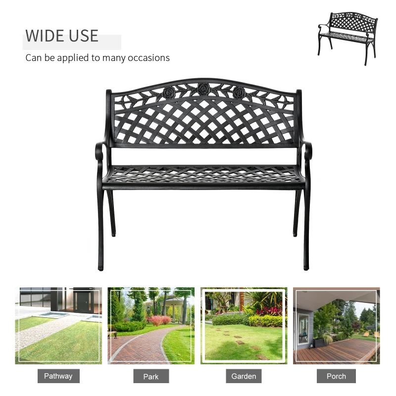 Outsunny Outdoor Garden Bench, 40" Patio Bench with Aluminum Frame and Armrests, 2-Person Patio Loveseat with Floral Pattern for Park, Porch, Yard, Lawn, 485 LBS Capacity