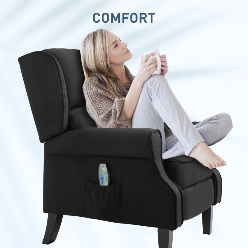 HOMCOM Vibration Massage Recliner Chair for Living Room with Heat,  Wingback Single Sofa, Modern Suede Fabric Push Back Reclining Chair with Footrest, Side Pocket, Black