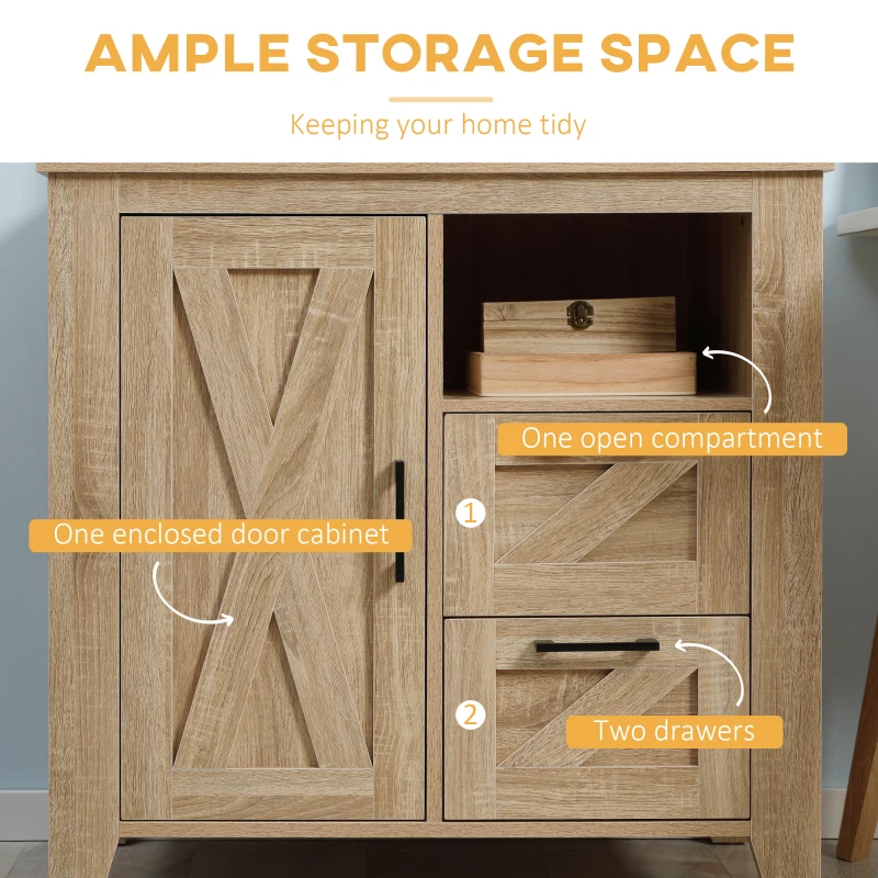 HOMCOM Farmhouse Storage Cabinet, Kitchen Cupboard Buffet Cabinet with Drawers, Door and Adjustable Shelf, Natural