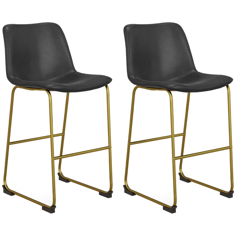HOMCOM Bar Height Stools Set of 2, PU Leather Upholstered Stools for Kitchen Island, Modern Bar Chairs, Dark Grey