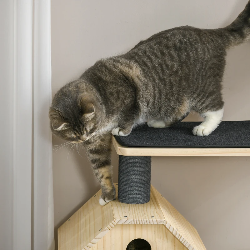 PawHut 56" Cat Tree Activity Condo Luxury Pine Wood  with Hamster-Wheel, Sisal Scratching Posts, Elevated Perches, & Roomy Interior