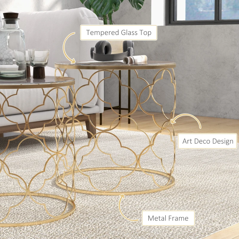 HOMCOM Set of 2 Nesting Table Coffee End Table Set Modern for Living room Furniture Decor Gold Tempered Glass