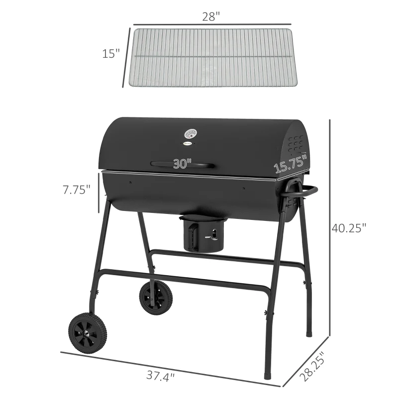 Outsunny Barrel Charcoal BBQ Grill, Barbecue with 420 sq.in. Cooking Area, Wheels, Ash Catcher, Black