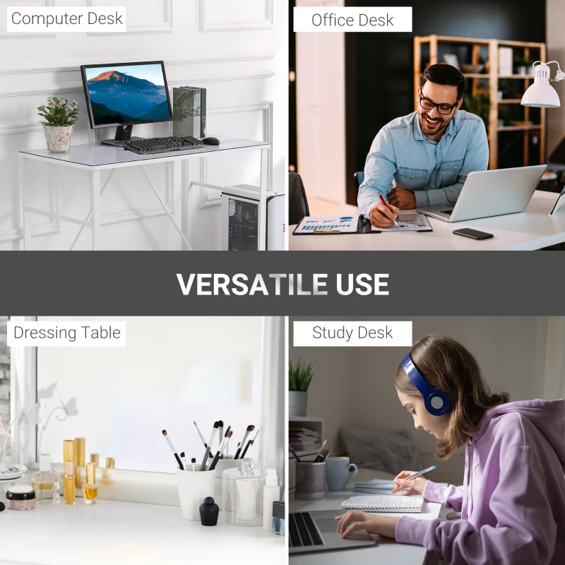 HOMCOM Office Table Glass Top Writing Desk Home Working Station Gaming Desk Metal Frame Easy Assembly, White