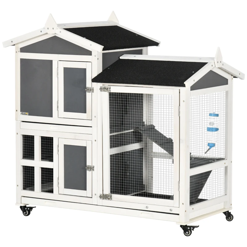 PawHut 43" Indoor Rabbit Hutch with an Extra Hideout, 2-Story Bunny Rabbit Cage Playpen Cottage with Space-Saving Design, Bunny Hutch with Removable Tray, Gray