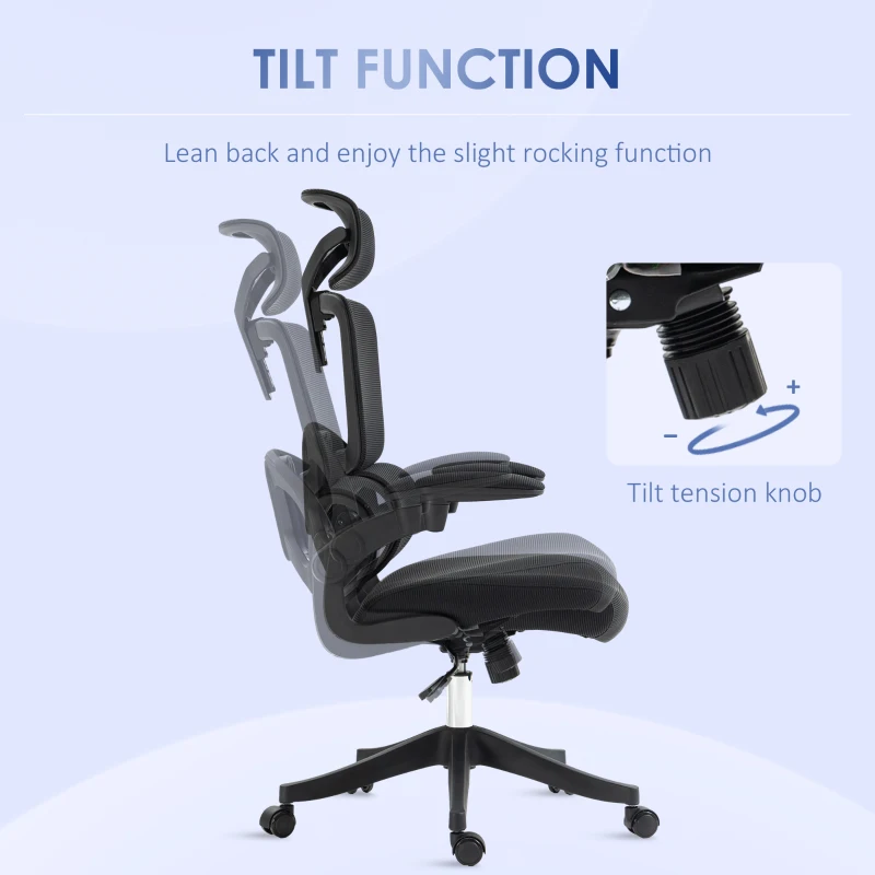 Vinsetto Ergonomic Office Chair, Mesh Chair with Adjustable Back, Headrest and Armrests, Lumbar Support, Tilt Function